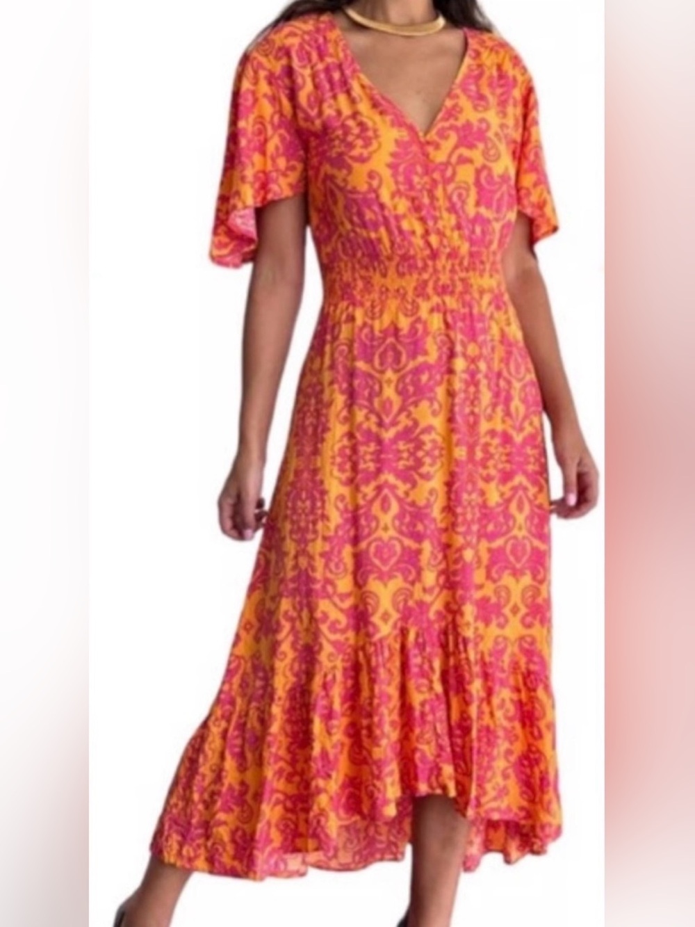 Abel The Label Maya Dress Orange Pink Paisley V-Neck Smocked Hi-low Dress M